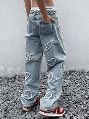 Threebooy Men's Heart Patch Light Wash Loose Jeans