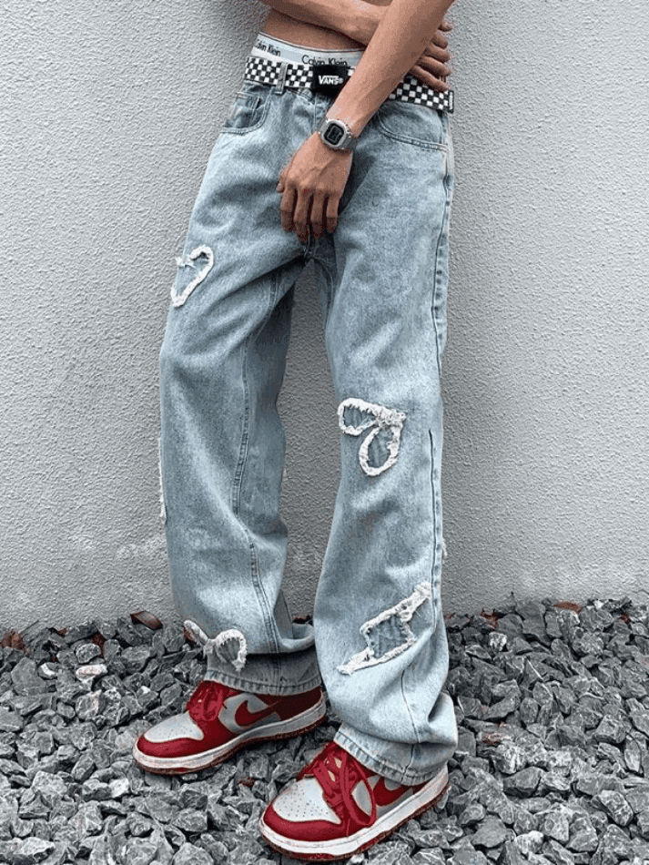 Threebooy Men's Heart Patch Light Wash Loose Jeans