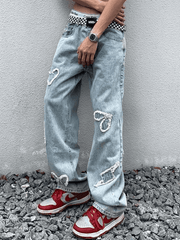Threebooy Men's Heart Patch Light Wash Loose Jeans
