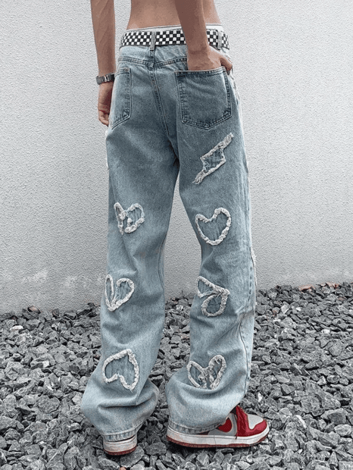 Threebooy Men's Heart Patch Light Wash Loose Jeans
