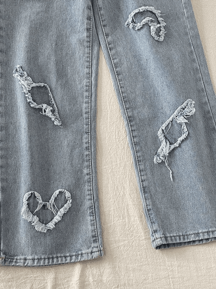 Threebooy Men's Heart Patch Light Wash Loose Jeans