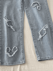 Threebooy Men's Heart Patch Light Wash Loose Jeans