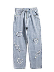 Threebooy Men's Heart Patched Straight Leg Jeans