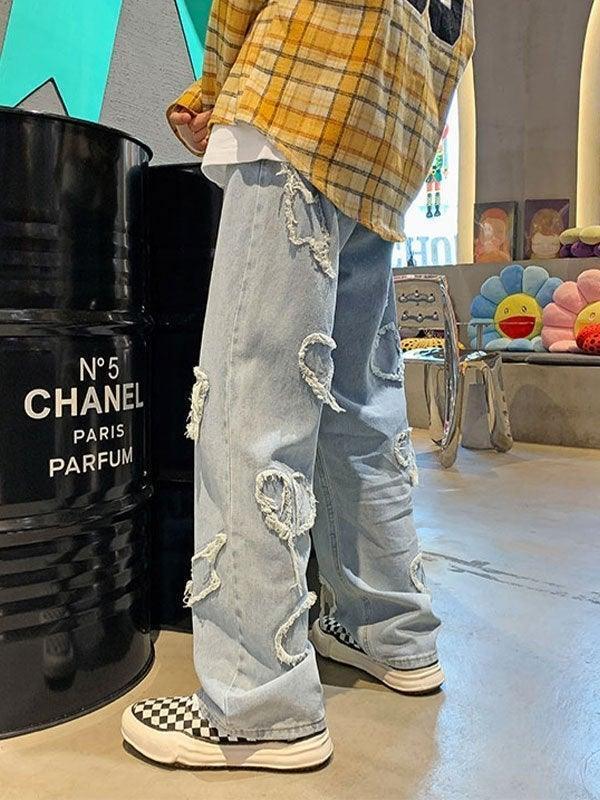 Threebooy Men's Heart Patched Straight Leg Jeans