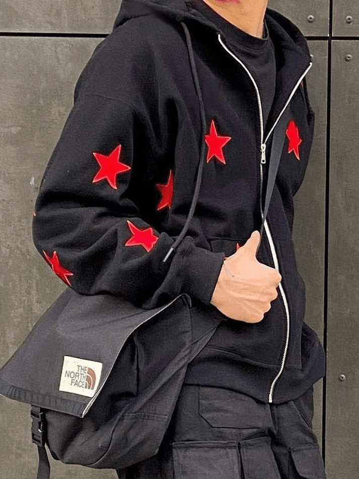 Threebooy Men's Patch Star Zip Up Hoodie
