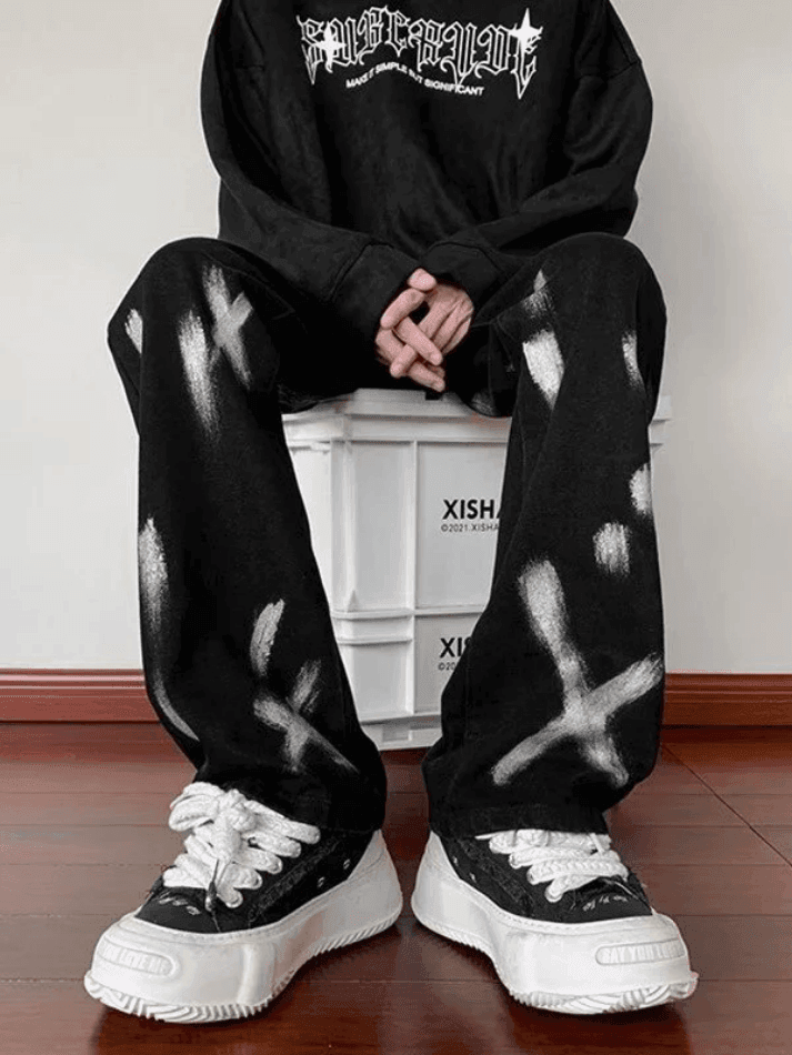 Threebooy Men's Splash Black Straight-Leg Jeans