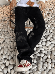Threebooy Men's Stitch Detail Distressed Black Loose Jeans
