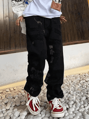 Threebooy Men's Stitch Detail Distressed Black Loose Jeans