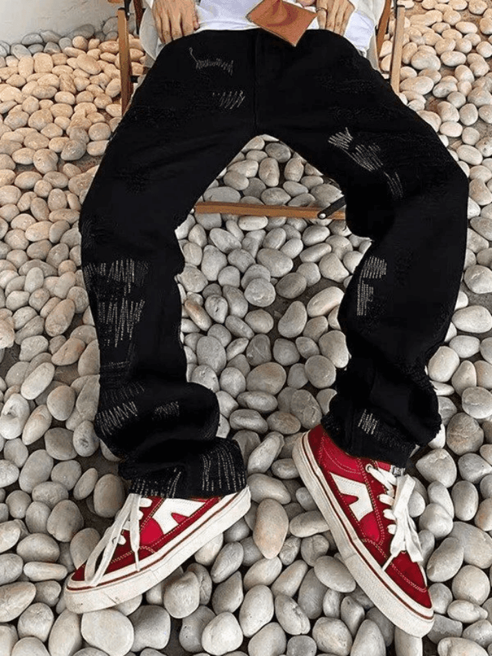 Threebooy Men's Stitch Detail Distressed Black Loose Jeans