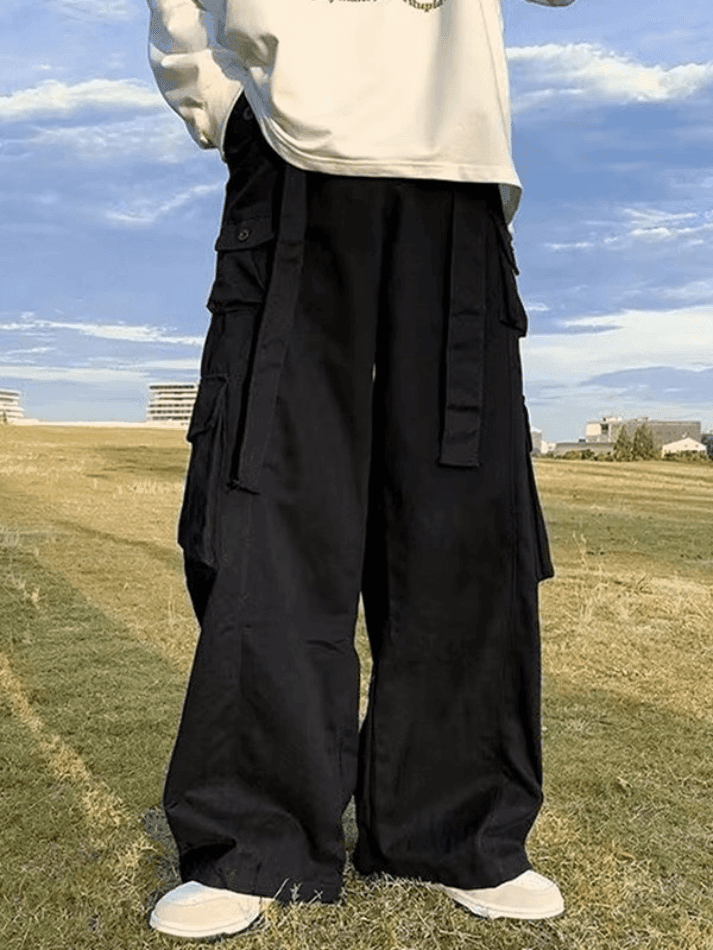 Threebooy Men's Strap Detail Pocket Loose Cargo Pants