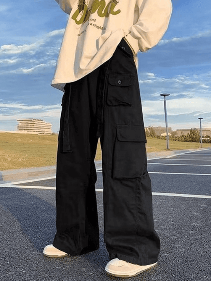 Threebooy Men's Strap Detail Pocket Loose Cargo Pants