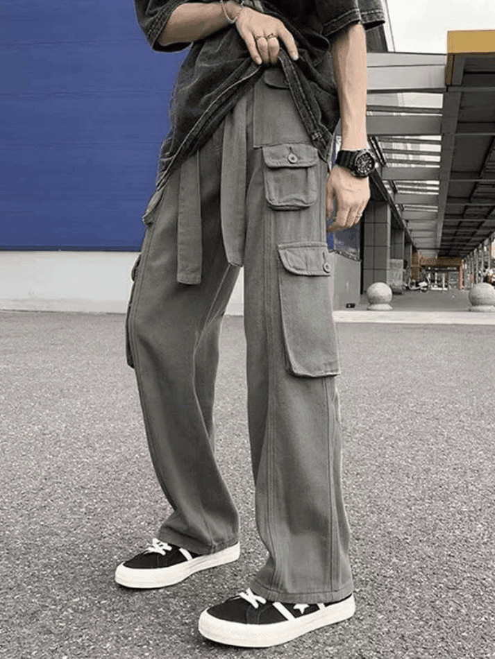 Threebooy Men's Strap Detail Pocket Loose Cargo Pants