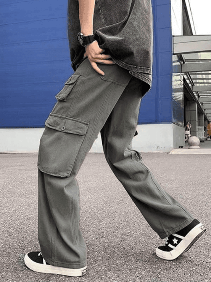 Threebooy Men's Strap Detail Pocket Loose Cargo Pants