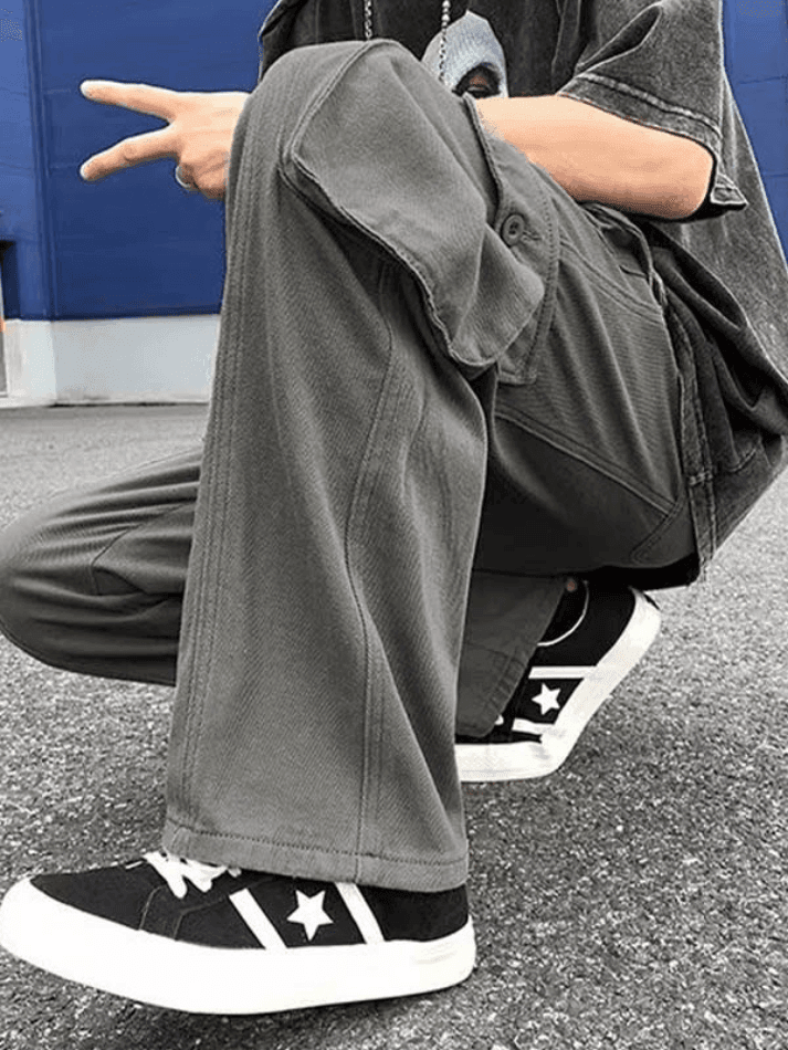 Threebooy Men's Strap Detail Pocket Loose Cargo Pants