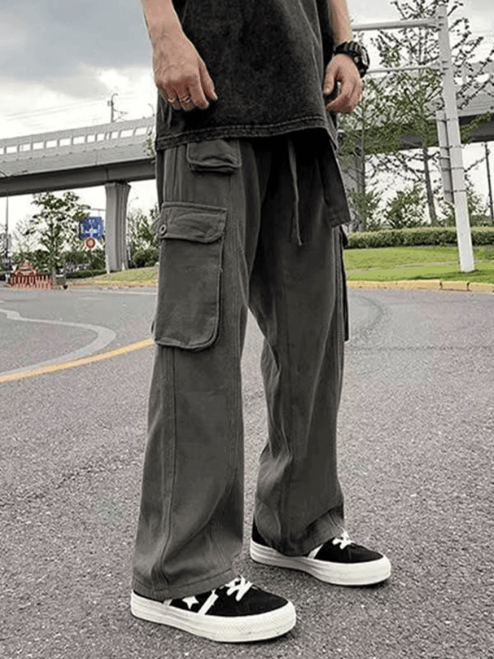 Threebooy Men's Strap Detail Pocket Loose Cargo Pants