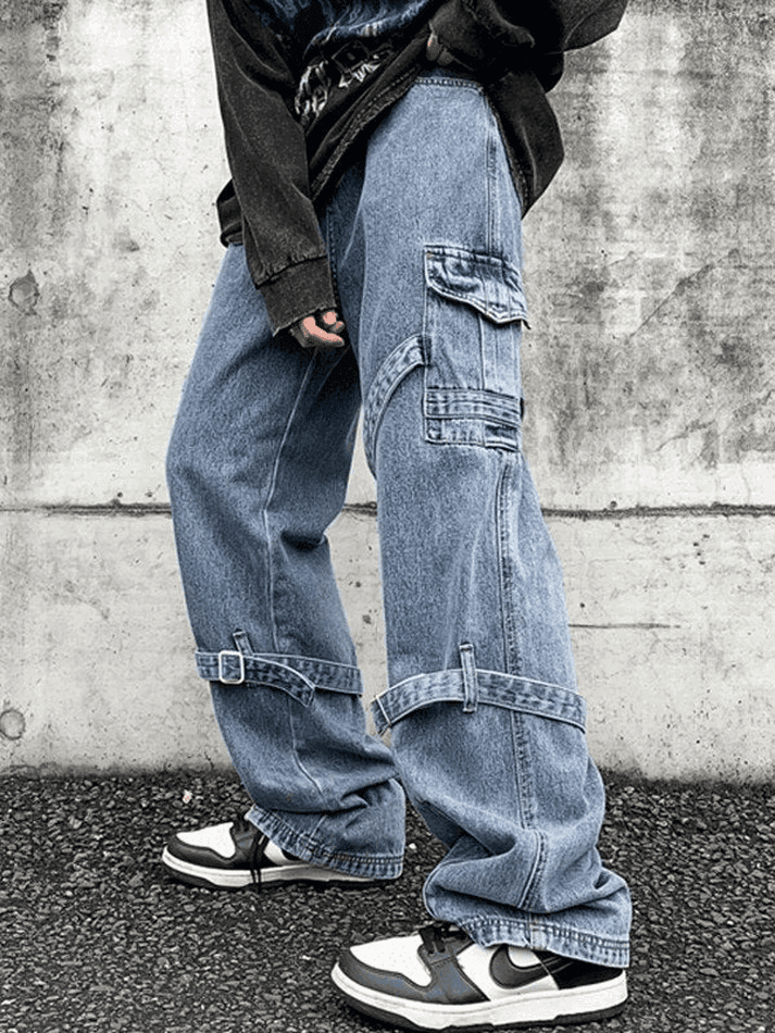 Threebooy Men's Strap Detail Vintage Cargo Jeans