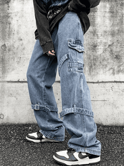 Threebooy Men's Strap Detail Vintage Cargo Jeans