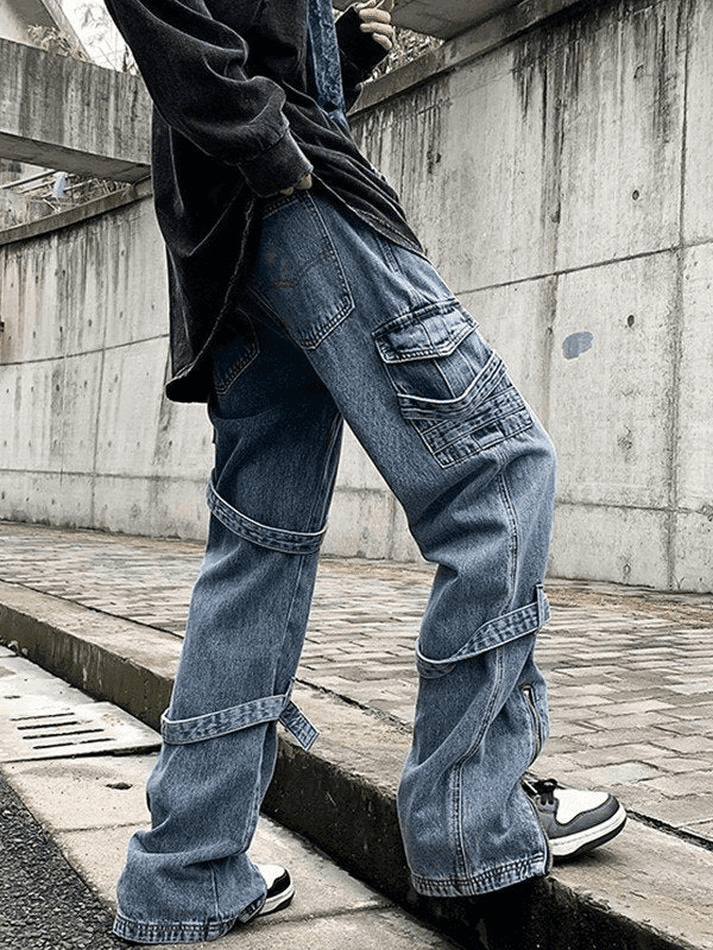 Threebooy Men's Strap Detail Vintage Cargo Jeans