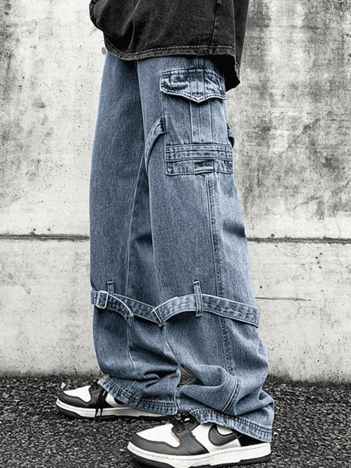 Threebooy Men's Strap Detail Vintage Cargo Jeans