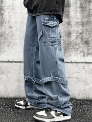 Threebooy Men's Strap Detail Vintage Cargo Jeans