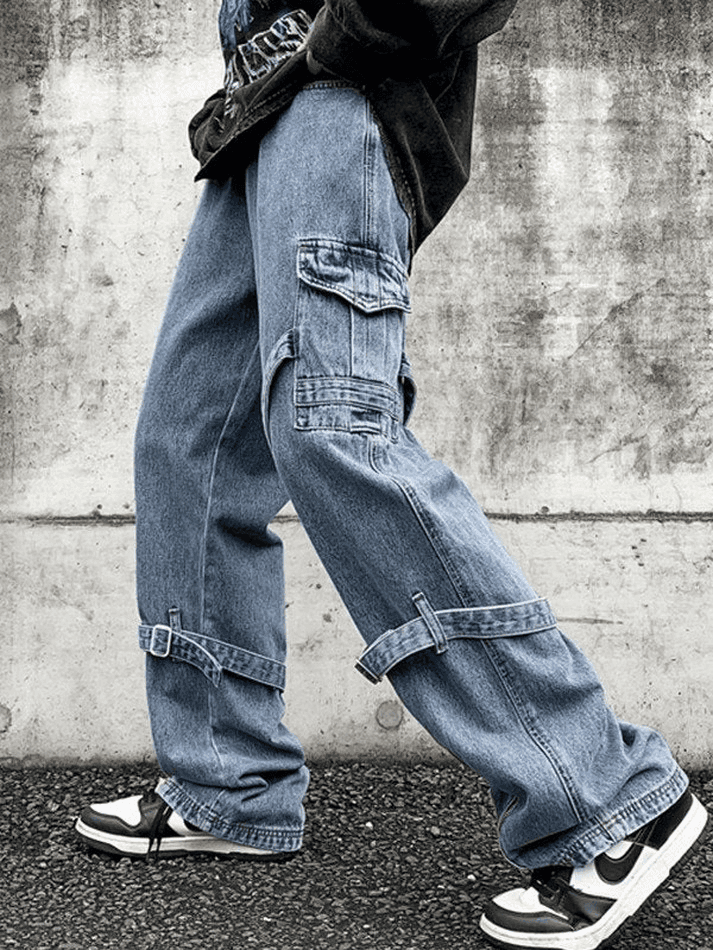 Threebooy Men's Strap Detail Vintage Cargo Jeans