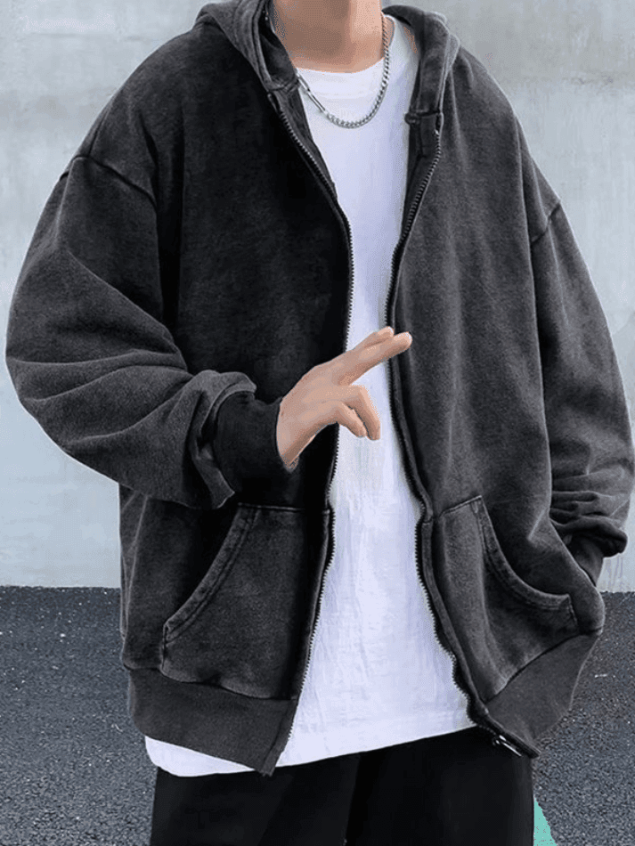 Threebooy Men's Vintage Wash Black Zip-Up Hoodie