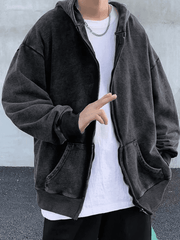 Threebooy Men's Vintage Wash Black Zip-Up Hoodie