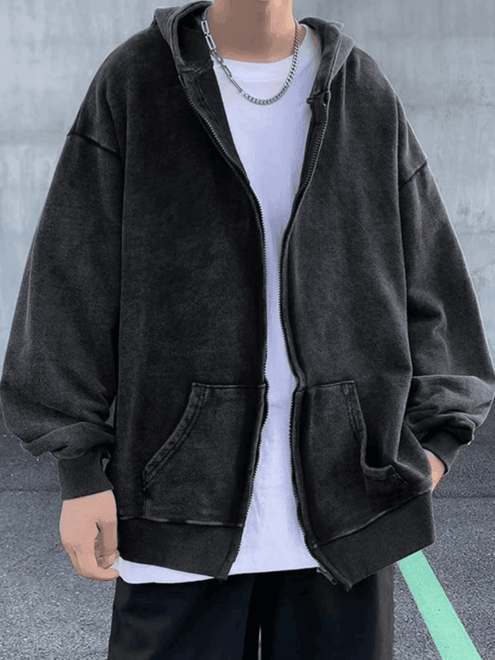 Threebooy Men's Vintage Wash Black Zip-Up Hoodie