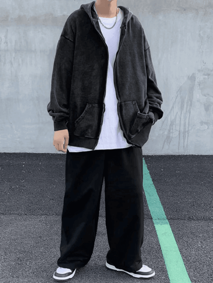 Threebooy Men's Vintage Wash Black Zip-Up Hoodie