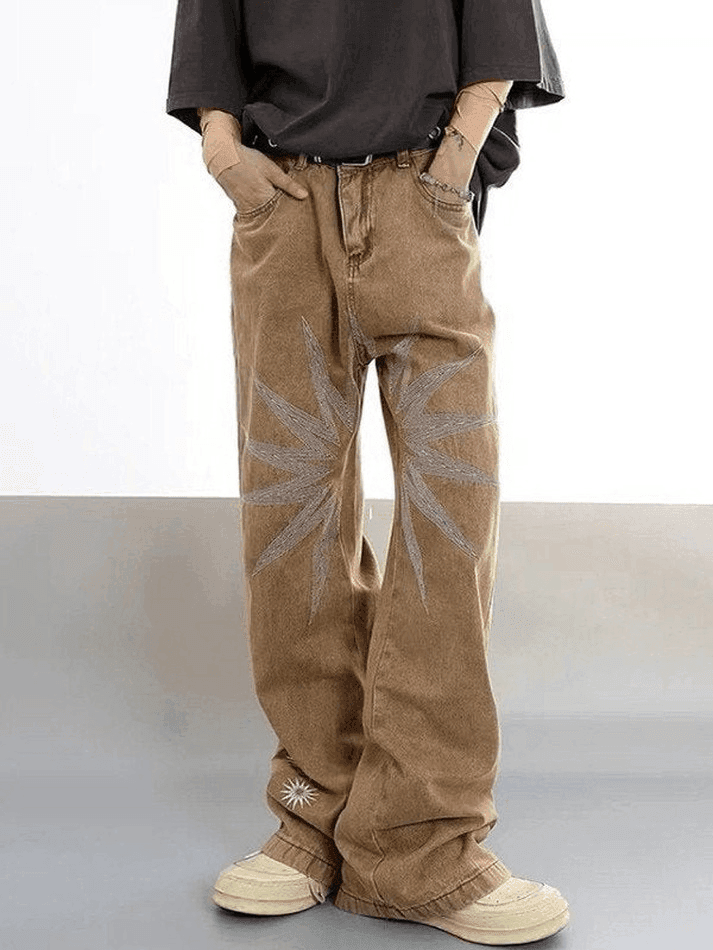 Threebooy Men's Vintage Wash Embroidered Ankle Flare Jeans