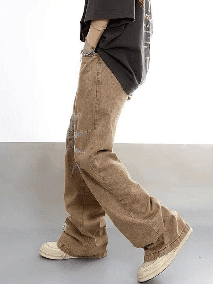 Threebooy Men's Vintage Wash Embroidered Ankle Flare Jeans