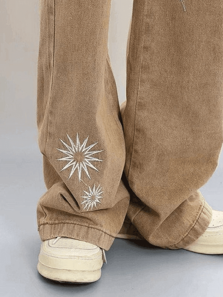 Threebooy Men's Vintage Wash Embroidered Ankle Flare Jeans