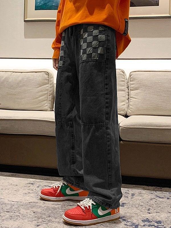 Threebooy Men's Washed Checkered Patchwork Jeans