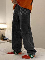 Threebooy Men's Washed Checkered Patchwork Jeans