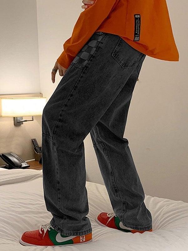 Threebooy Men's Washed Checkered Patchwork Jeans