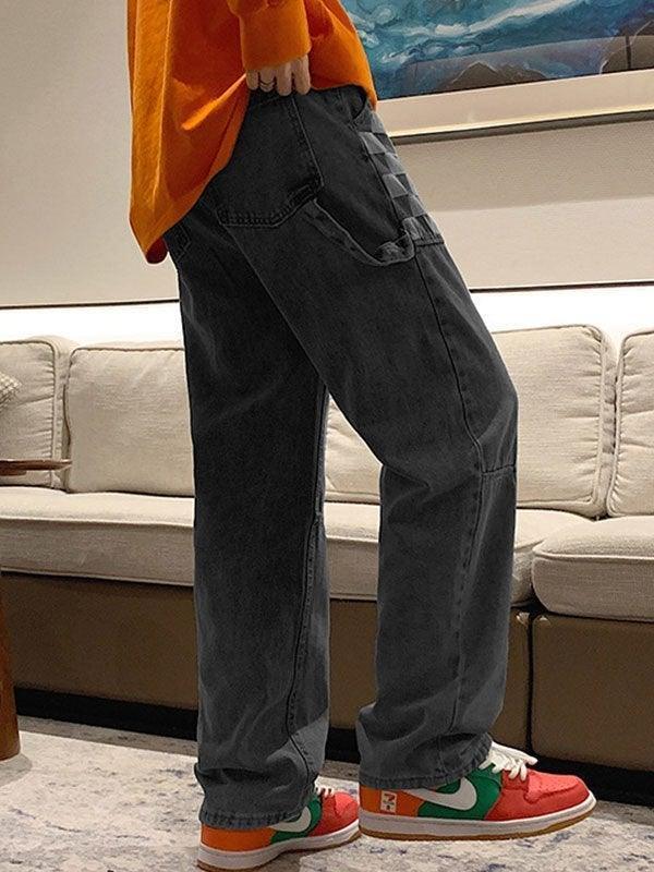 Threebooy Men's Washed Checkered Patchwork Jeans