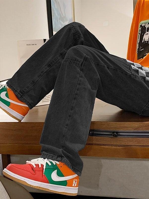 Threebooy Men's Washed Checkered Patchwork Jeans
