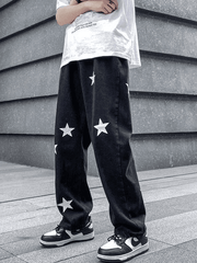 Threebooy Men's Washed Star Graphic Loose Jeans