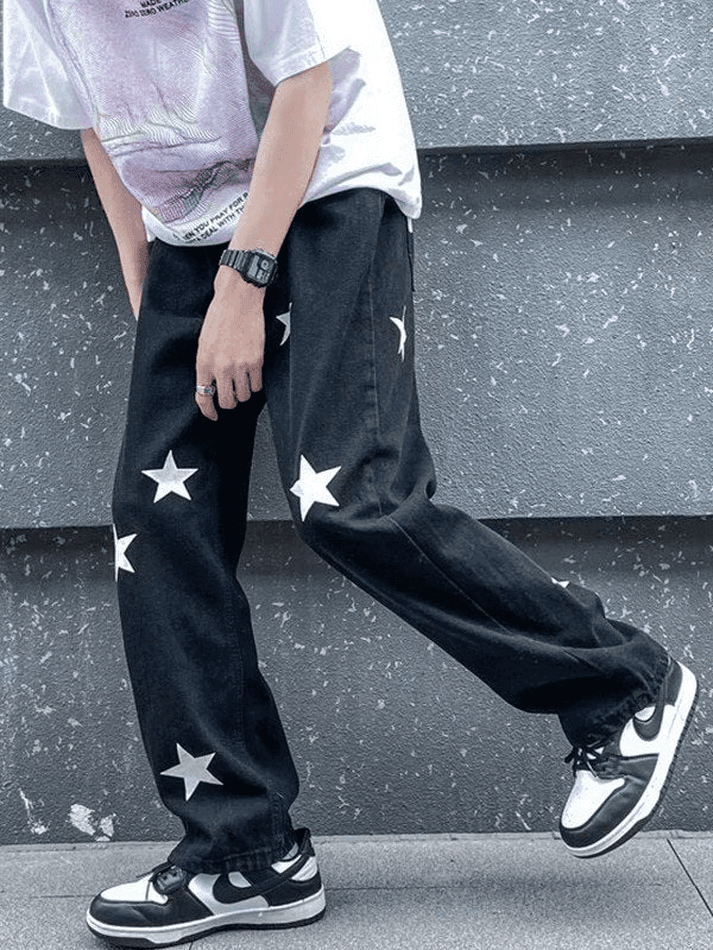 Threebooy Men's Washed Star Graphic Loose Jeans