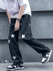 Threebooy Men's Washed Star Graphic Loose Jeans