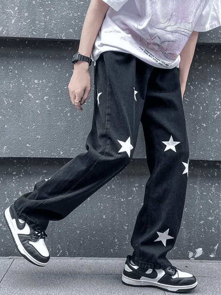 Threebooy Men's Washed Star Graphic Loose Jeans