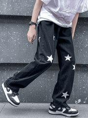 Threebooy Men's Washed Star Graphic Loose Jeans