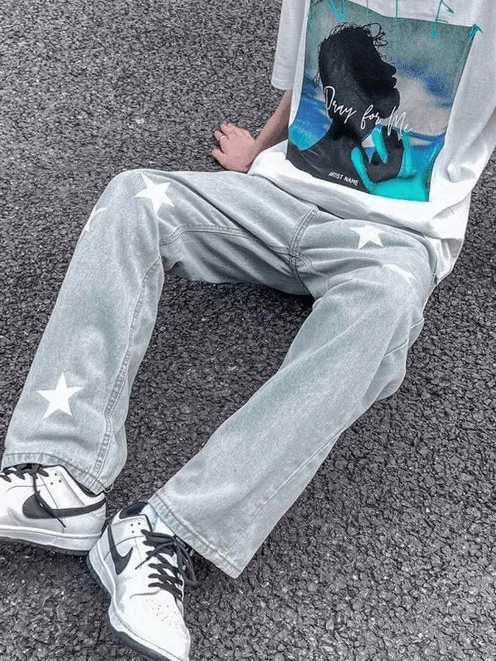 Threebooy Men's Washed Star Graphic Loose Jeans