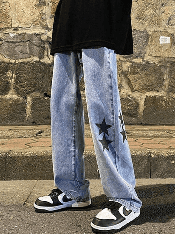 Threebooy Men's Washed Vintage Star Straight Leg Jeans