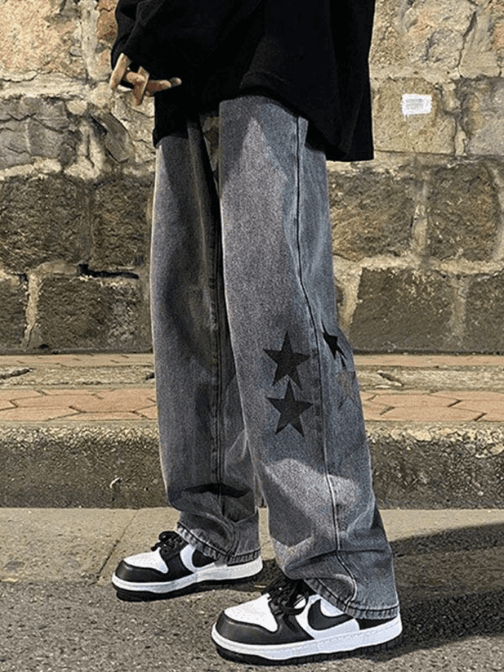 Threebooy Men's Washed Vintage Star Straight Leg Jeans