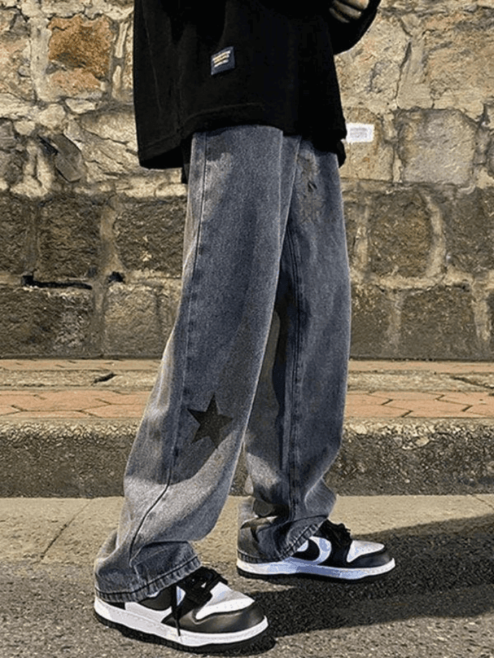 Threebooy Men's Washed Vintage Star Straight Leg Jeans