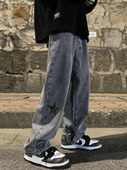 Threebooy Men's Washed Vintage Star Straight Leg Jeans