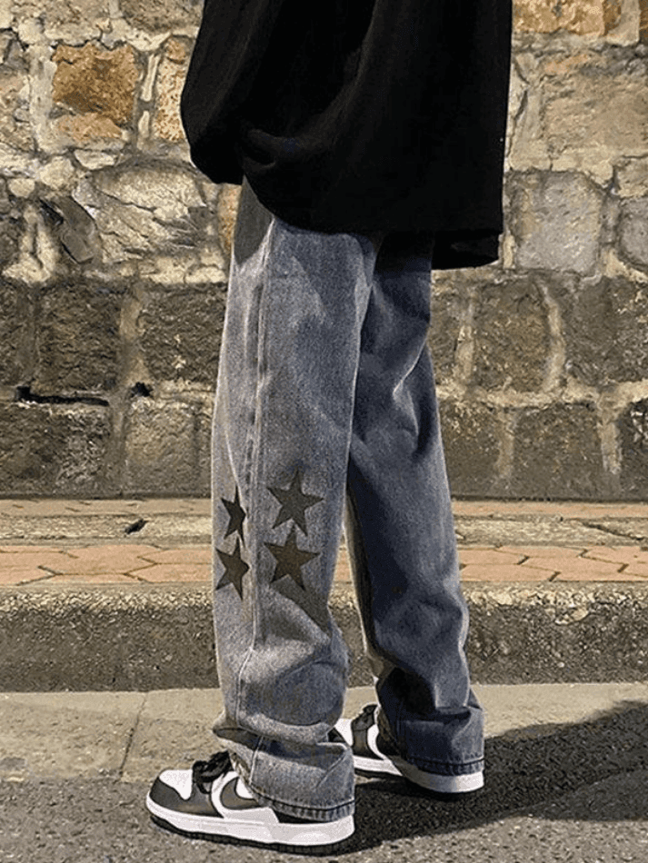 Threebooy Men's Washed Vintage Star Straight Leg Jeans