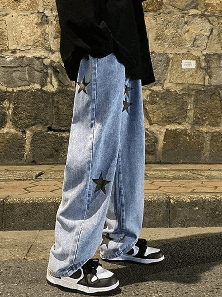 Threebooy Men's Washed Vintage Star Straight Leg Jeans