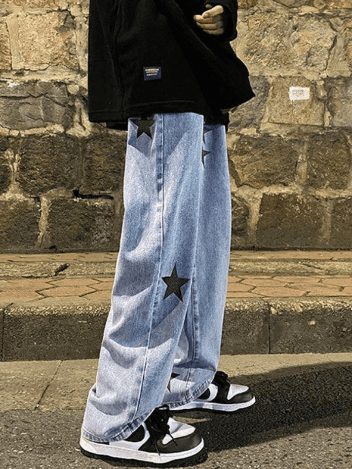 Threebooy Men's Washed Vintage Star Straight Leg Jeans